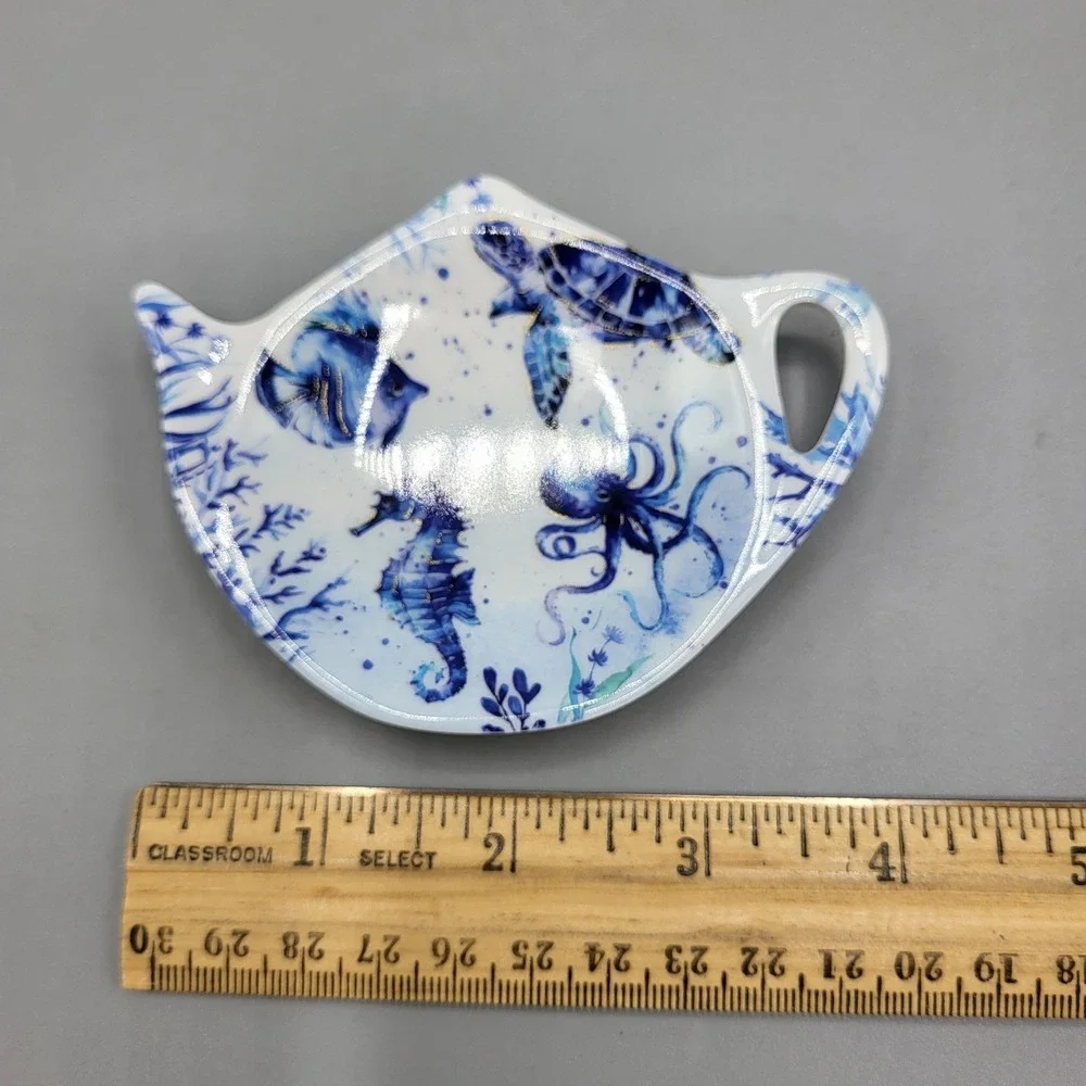 UP Tea Bag Rest Holder Spoon Rest Under Sea Octopus Turtle Seahorse Blue White